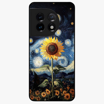 Van Gogh Sunflower Glass Case for 1+11 vibrant front view featuring sunflower artwork in painterly style
