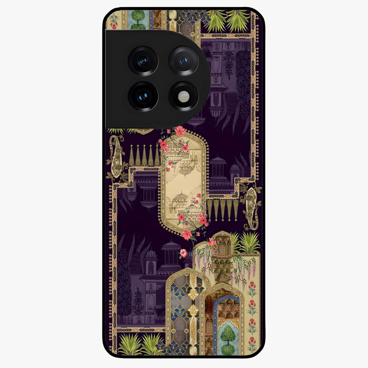 Velvet Mughal Art Glass Case for 1+11 luxurious front view featuring intricate Mughal inspired artwork