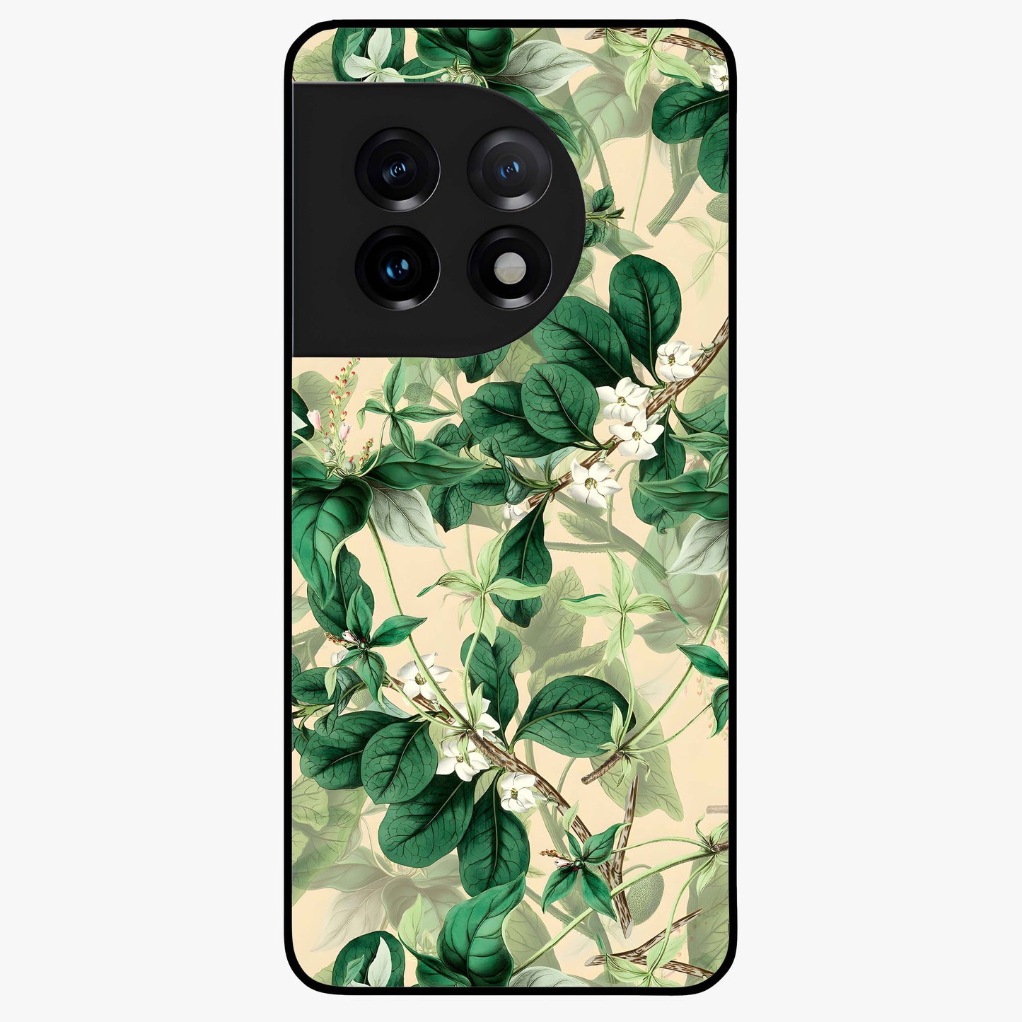 Verdant Garden Whispers Glass Case for 1+11 serene front view featuring lush green floral artwork