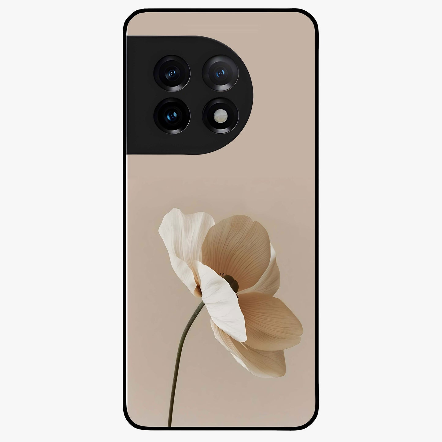 Whispering Petals Glass Case for 1+11 graceful front view featuring subtle floral artwork with airy vibe