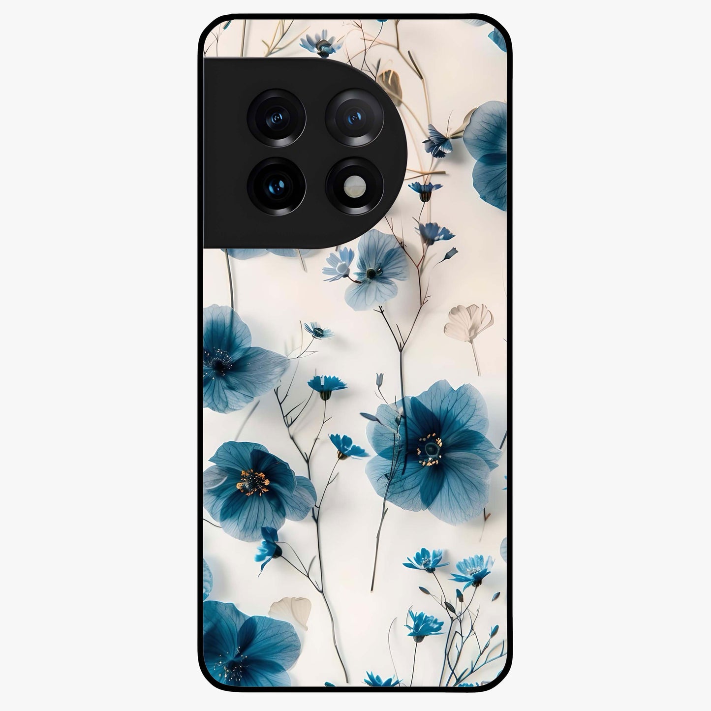 Whispers of Blue Bloom Glass Case for 1+11 vibrant front view featuring blue floral artwork with soft glow
