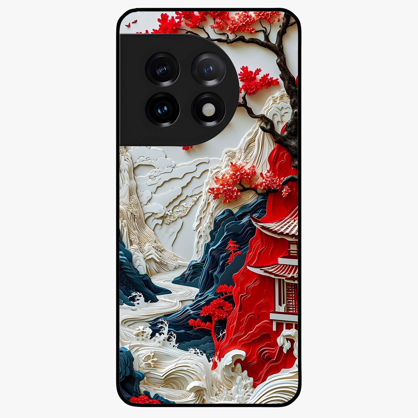 Whispers of Sakura Waves Glass Case for 1+11 artistic front view featuring cherry blossom artwork blended with flowing waves
