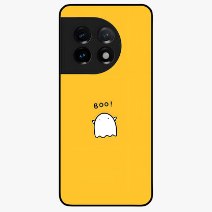 Yellow Boo Ghost Glass Case for 1+11 playful front view featuring cute ghost artwork in vibrant yellow tones