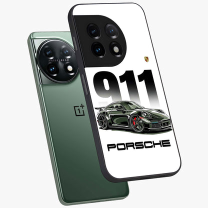 911 Turbo Dominance Glass Case for 1+11 premium angled mockup showcasing glossy glass finish and racing inspired design
