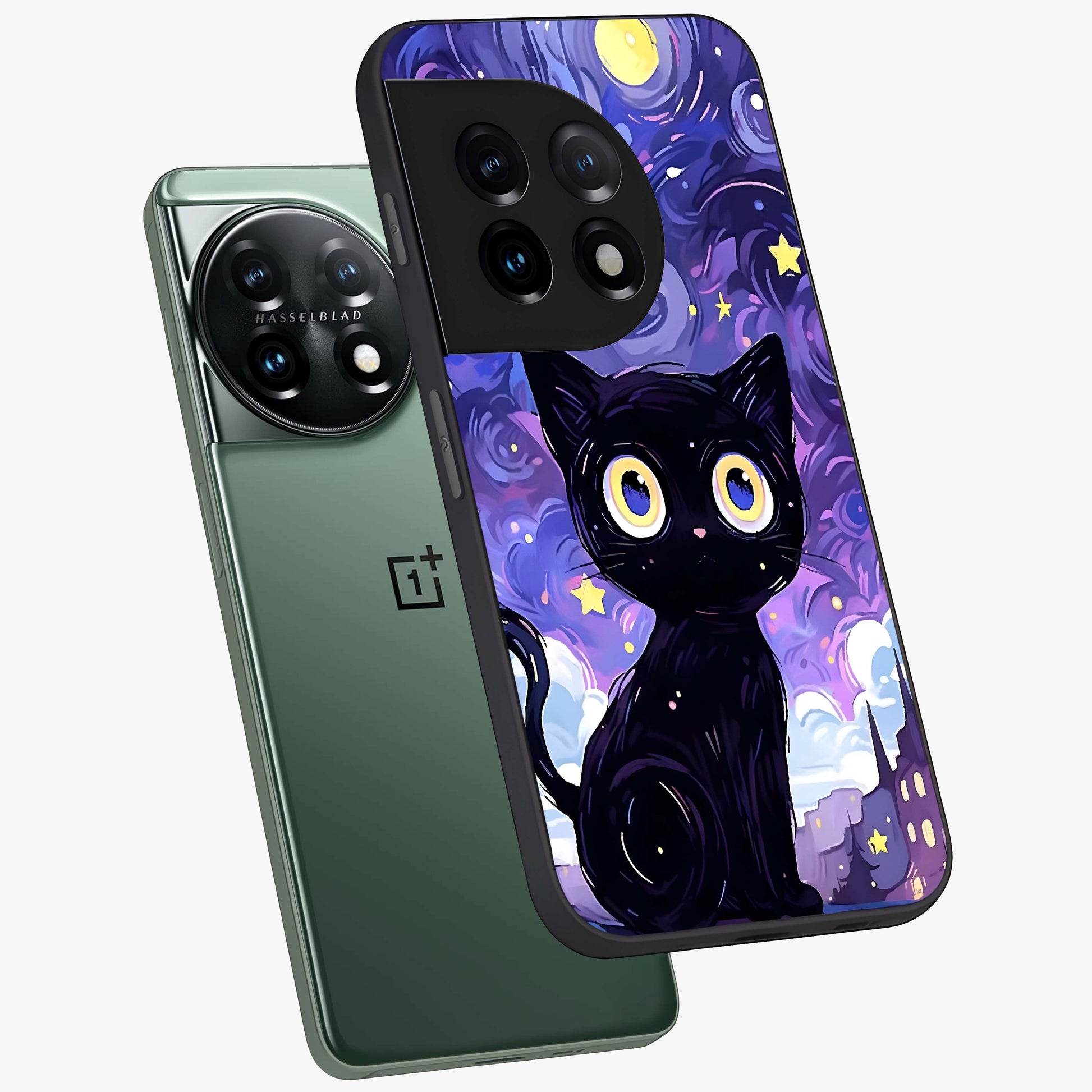 Abstract Cat Art Glass Case for 1+11 premium angled mockup showcasing glossy glass finish and creative feline design