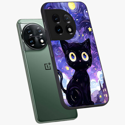 Abstract Cat Art Glass Case for 1+11 premium angled mockup showcasing glossy glass finish and creative feline design