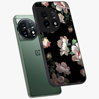 Abstract Embossed Blooming Bright Flower Glass Case for 1+11 angled mockup showcasing glossy surface and detailed bloom design