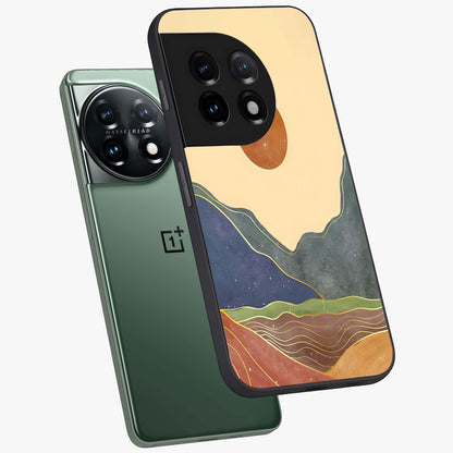 Abstract Mountain Glow Glass Case for 1+11 angled mockup showcasing glossy glass finish and scenic gradient tones