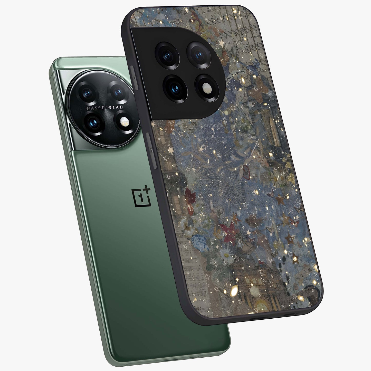 Aesthetic Astrolophia Glass Case for 1+11 angled mockup showcasing glossy cosmic design and premium glass finish