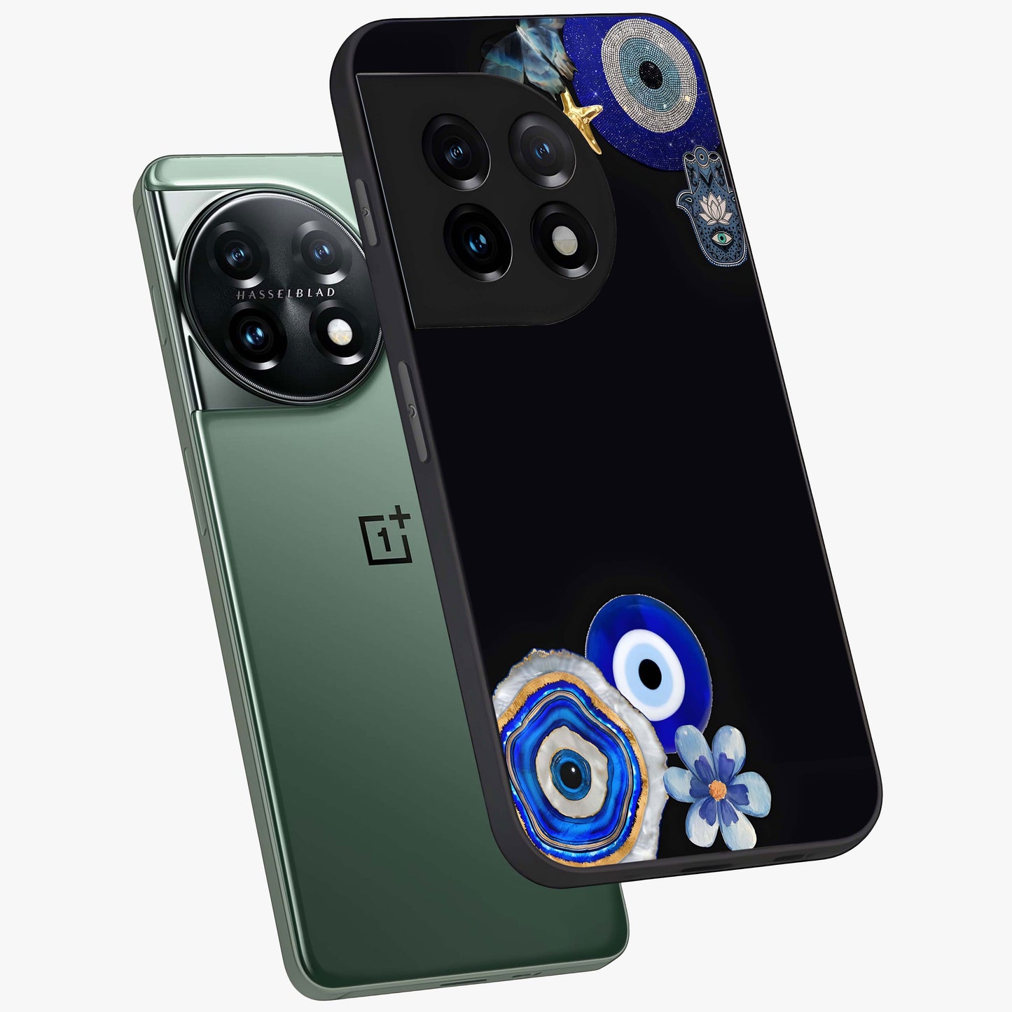 Aesthetic Blue Evil Eye Glass Case for 1+11 angled mockup showcasing glossy finish and protective symbol design