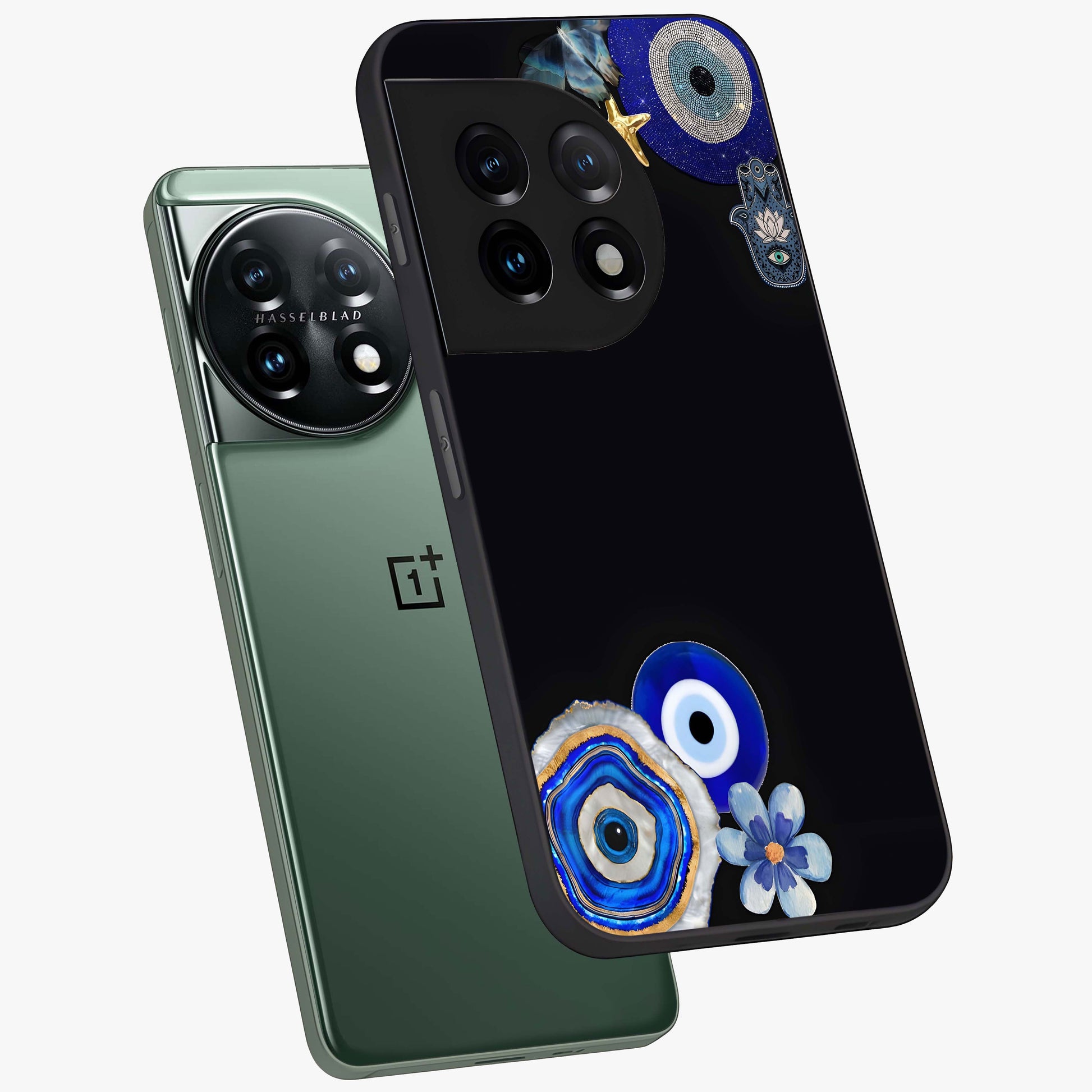 Aesthetic Blue Evil Eye Glass Case for 1+11 angled mockup showcasing glossy finish and protective symbol design