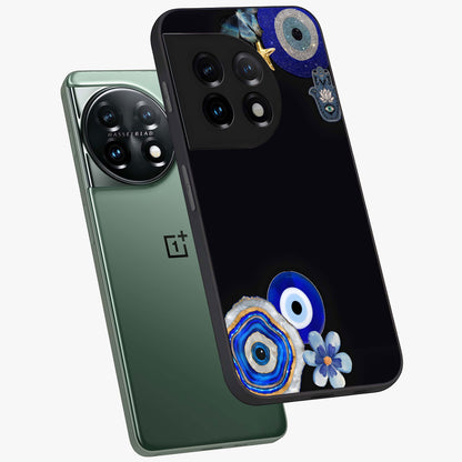 Aesthetic Blue Evil Eye Glass Case for 1+11 angled mockup showcasing glossy finish and protective symbol design