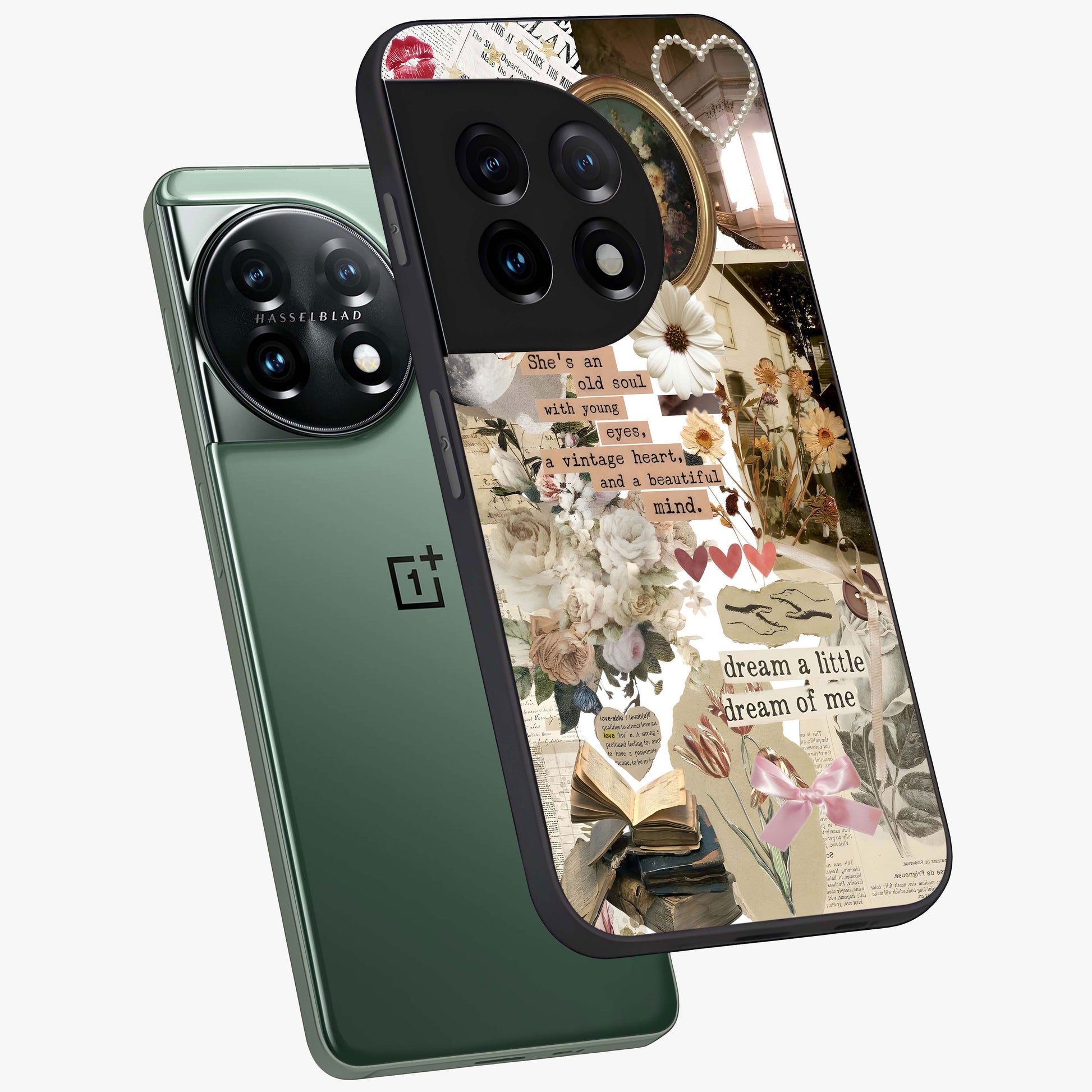 Aesthetic Brown Vintage Collage Glass Case for 1+11 angled mockup showcasing glossy layered vintage textures