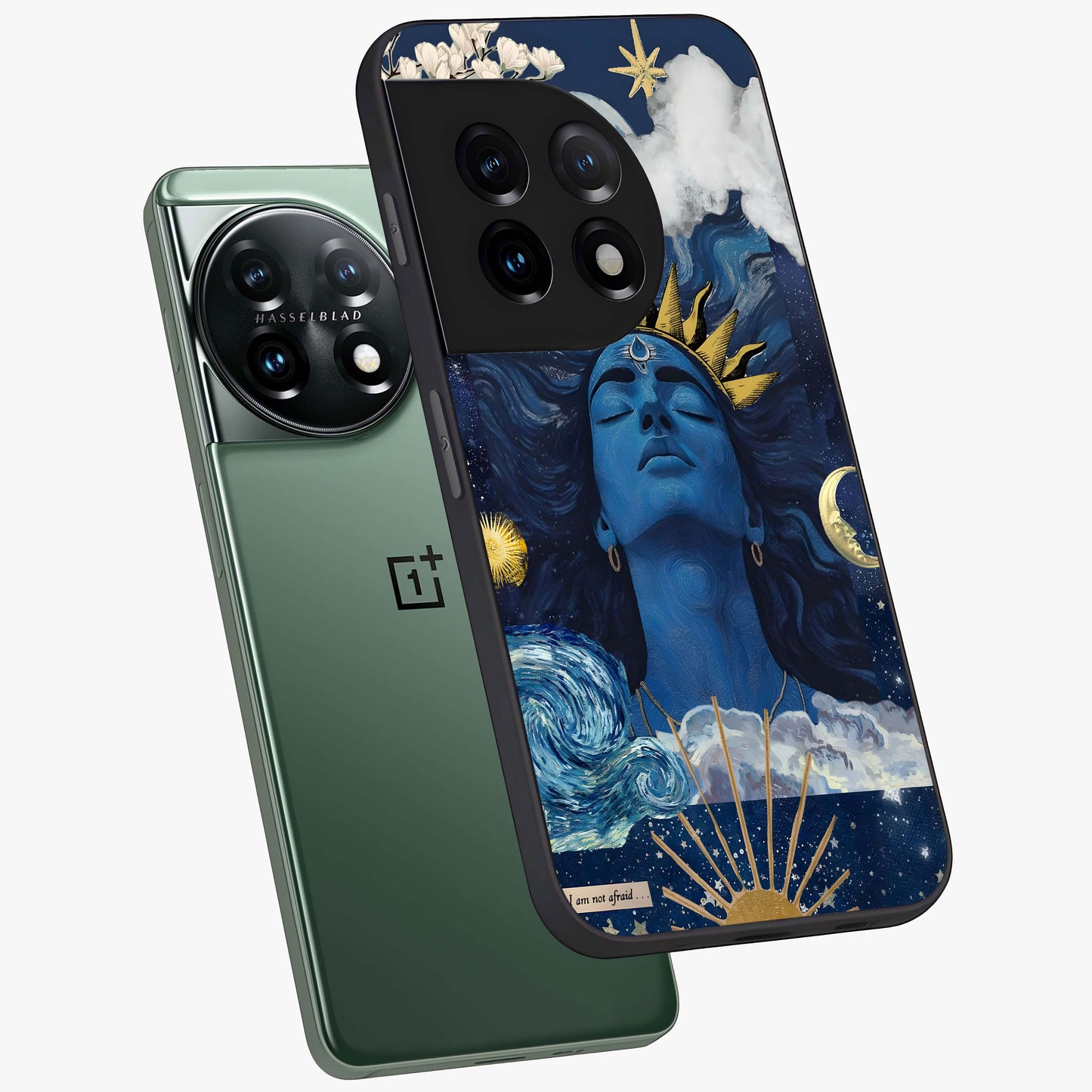 Aesthetic Lord Shiva Glass Case for 1+11 angled mockup showcasing glossy finish and divine aesthetic design