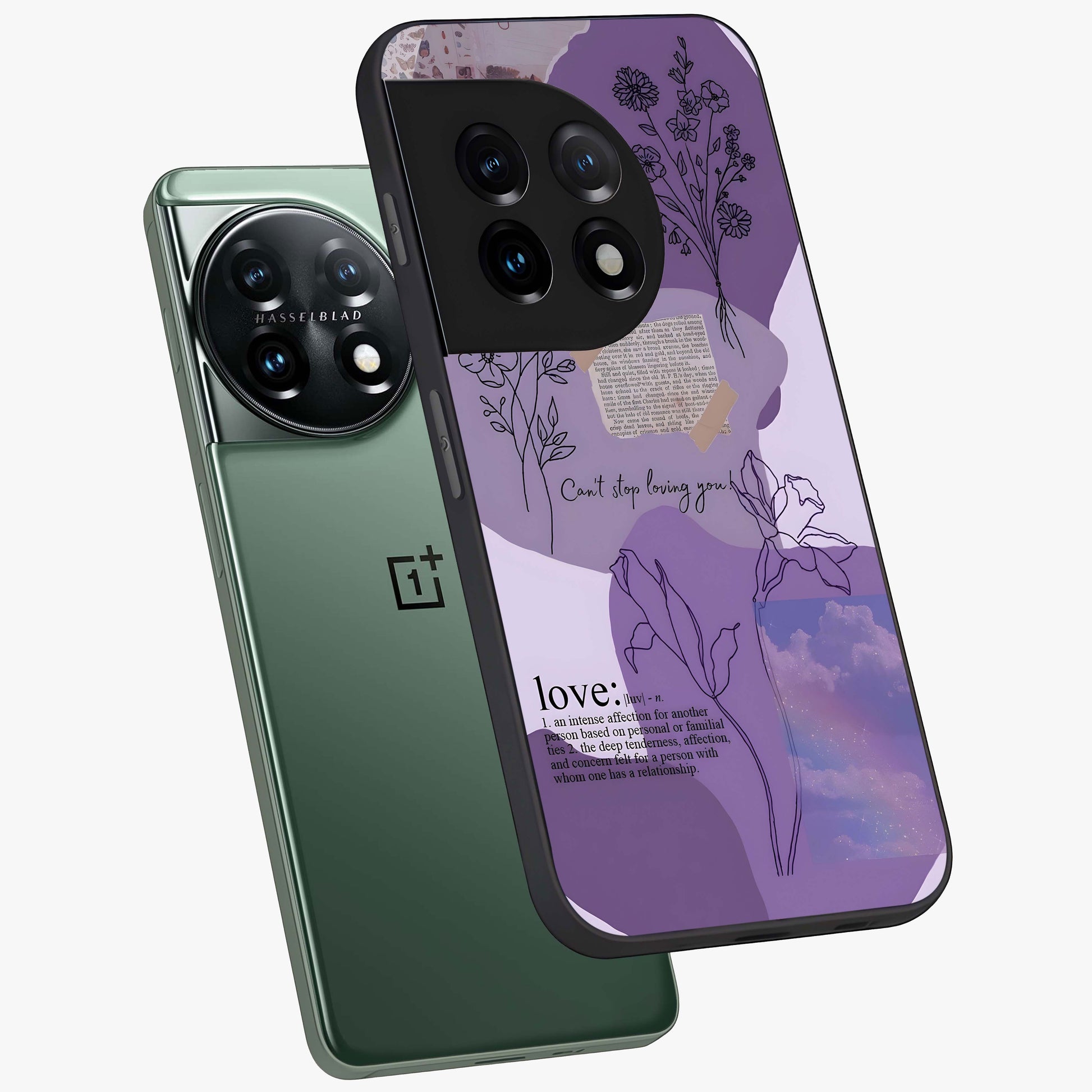 Aesthetic Love With Flower Glass Case for 1+11 angled mockup showcasing glossy finish and soft floral design