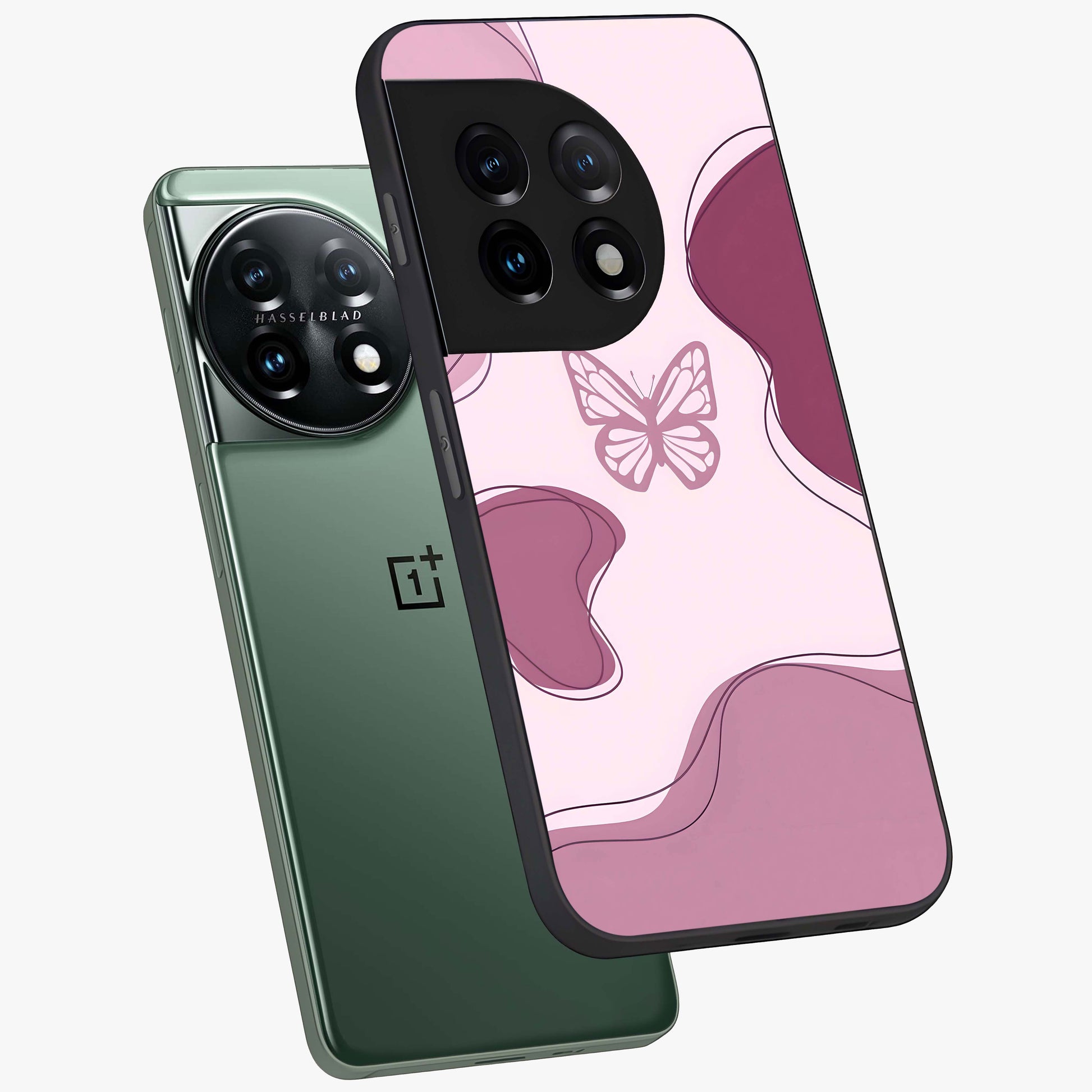 Aesthetic Pinkish Custom Name Butterfly Glass Case for 1+11 angled mockup showcasing glossy finish and soft pastel tones