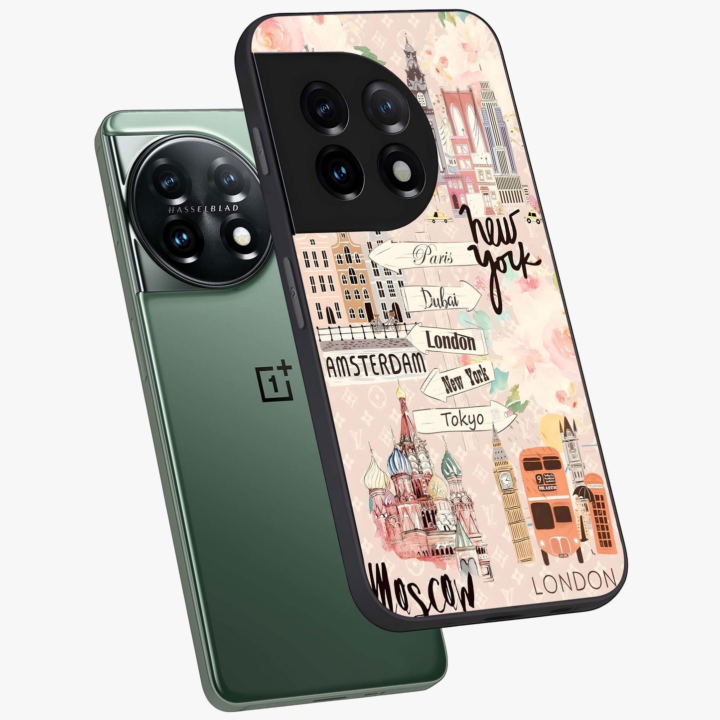 Aesthetic Travel Glass Case for 1+11 angled mockup showcasing glossy finish and adventure themed design