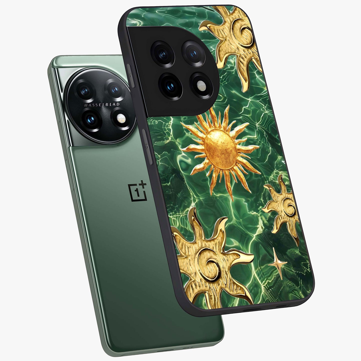 Aqua Sun Mirage Glass Case for 1+11 angled mockup showcasing glossy glass finish and radiant gradient tones