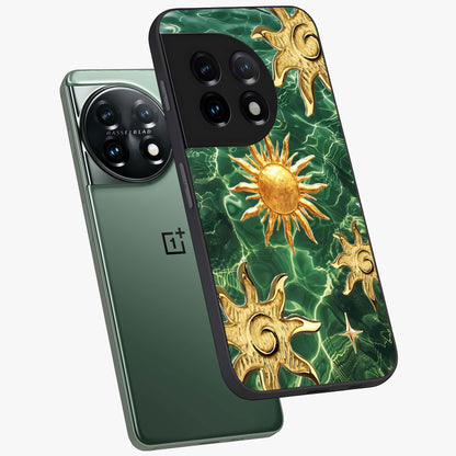 Aqua Sun Mirage Glass Case for 1+11 angled mockup showcasing glossy glass finish and radiant gradient tones