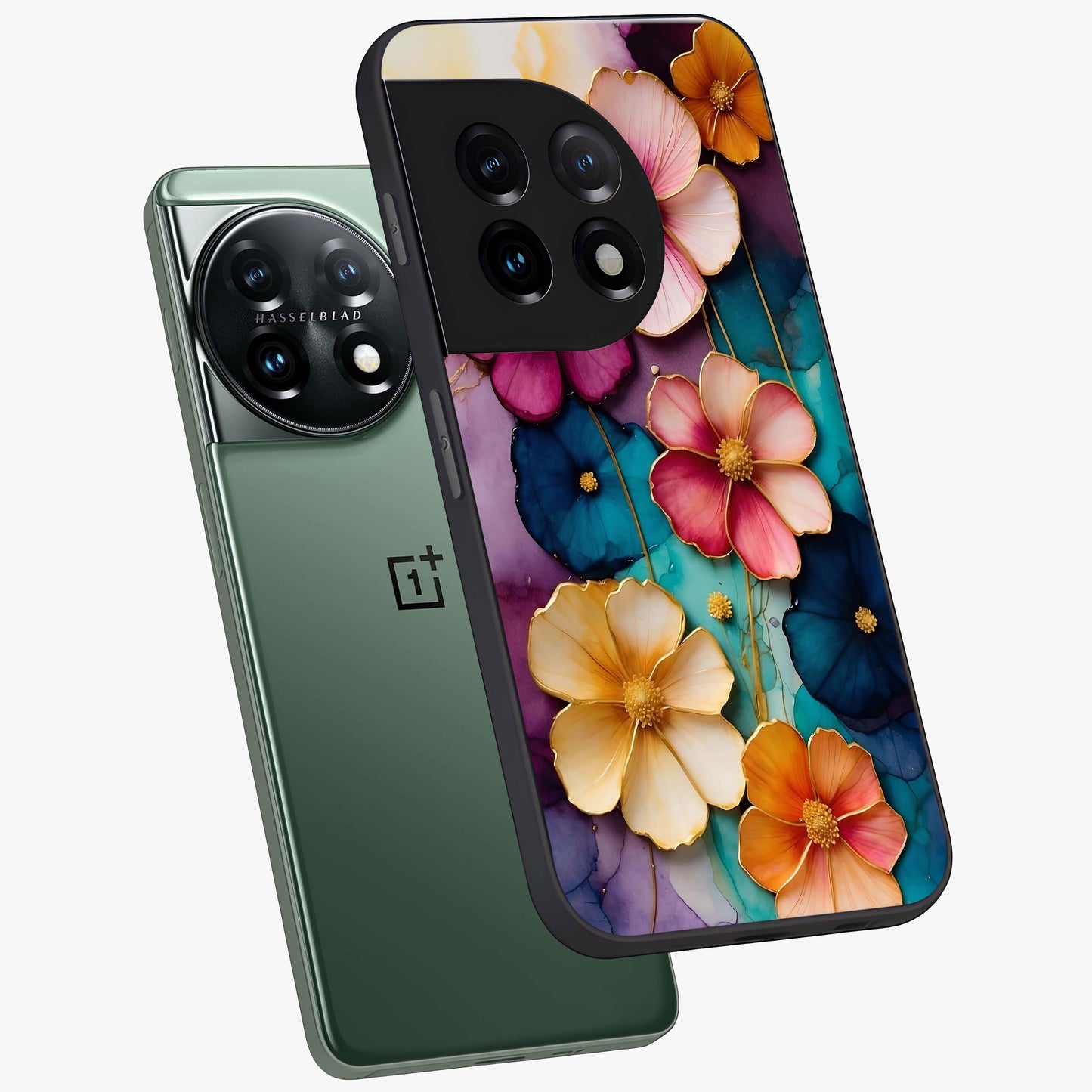 Artlyn Grace Flower Pattern Glass Case for 1+11 angled mockup showcasing glossy finish and graceful flower detailing