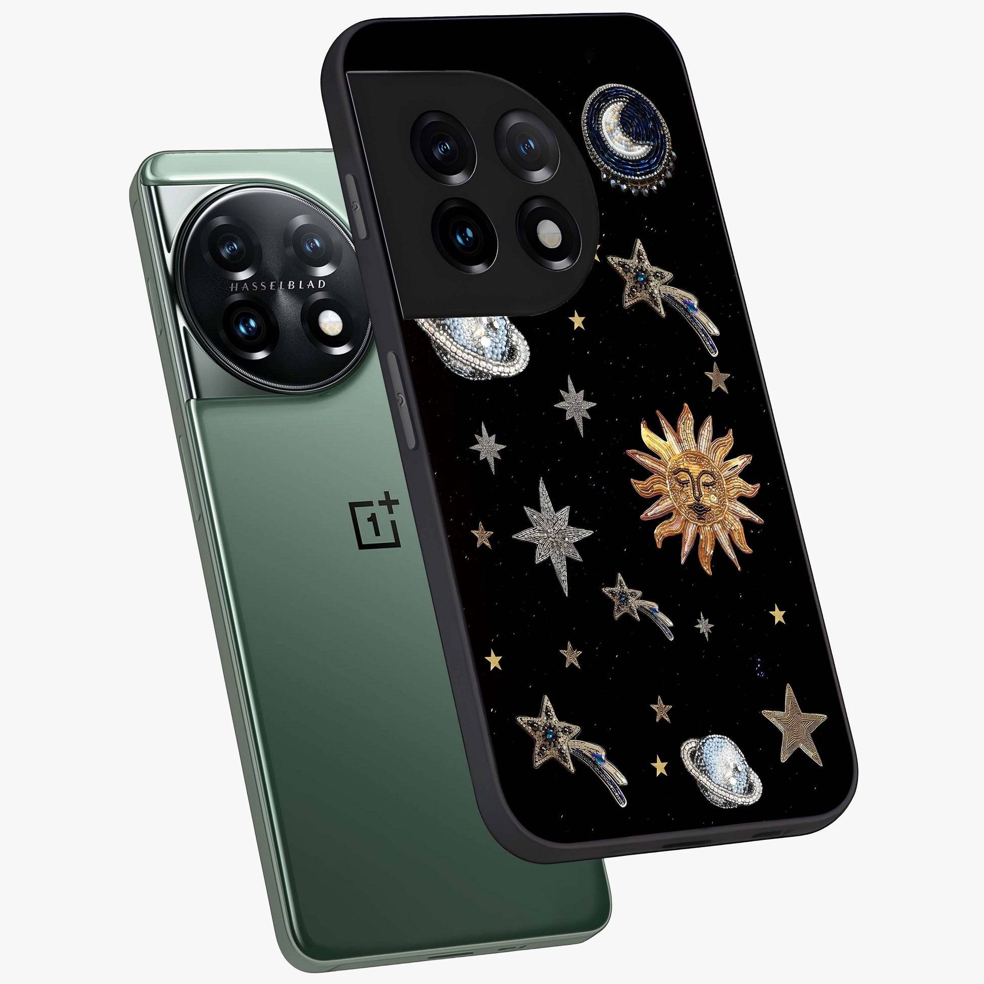 Beaded Cosmic Dreams Glass Case for 1+11 angled mockup showcasing glossy finish and vibrant galaxy detailing