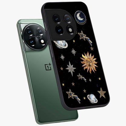 Beaded Cosmic Dreams Glass Case for 1+11 angled mockup showcasing glossy finish and vibrant galaxy detailing