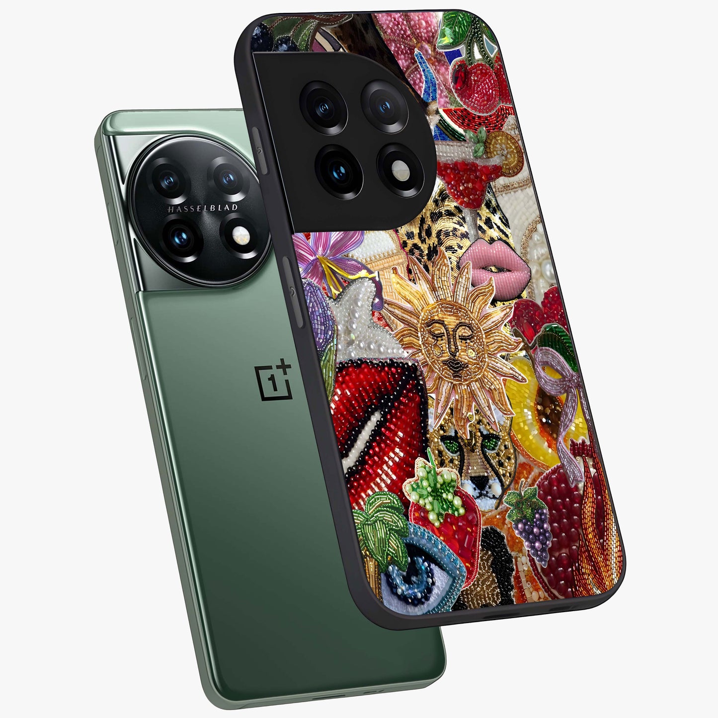 Beaded Fashion Jungle Glass Case for 1+11 angled mockup showcasing glossy finish and vibrant tropical design