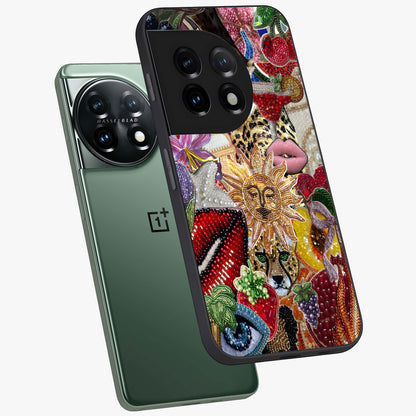 Beaded Fashion Jungle Glass Case for 1+11 angled mockup showcasing glossy finish and vibrant tropical design