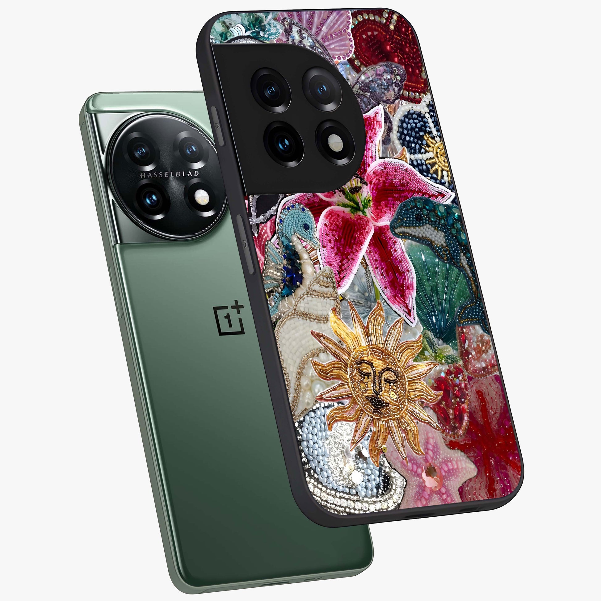 Beaded Garden Fantasy Glass Case for 1+11 angled mockup showcasing glossy finish and detailed fantasy design