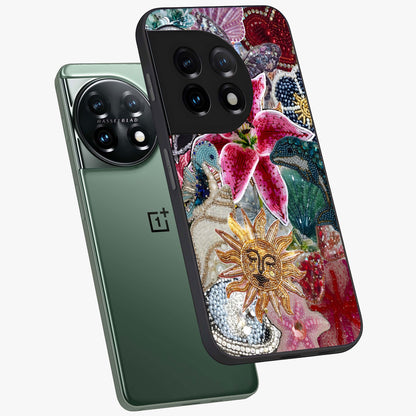 Beaded Garden Fantasy Glass Case for 1+11 angled mockup showcasing glossy finish and detailed fantasy design
