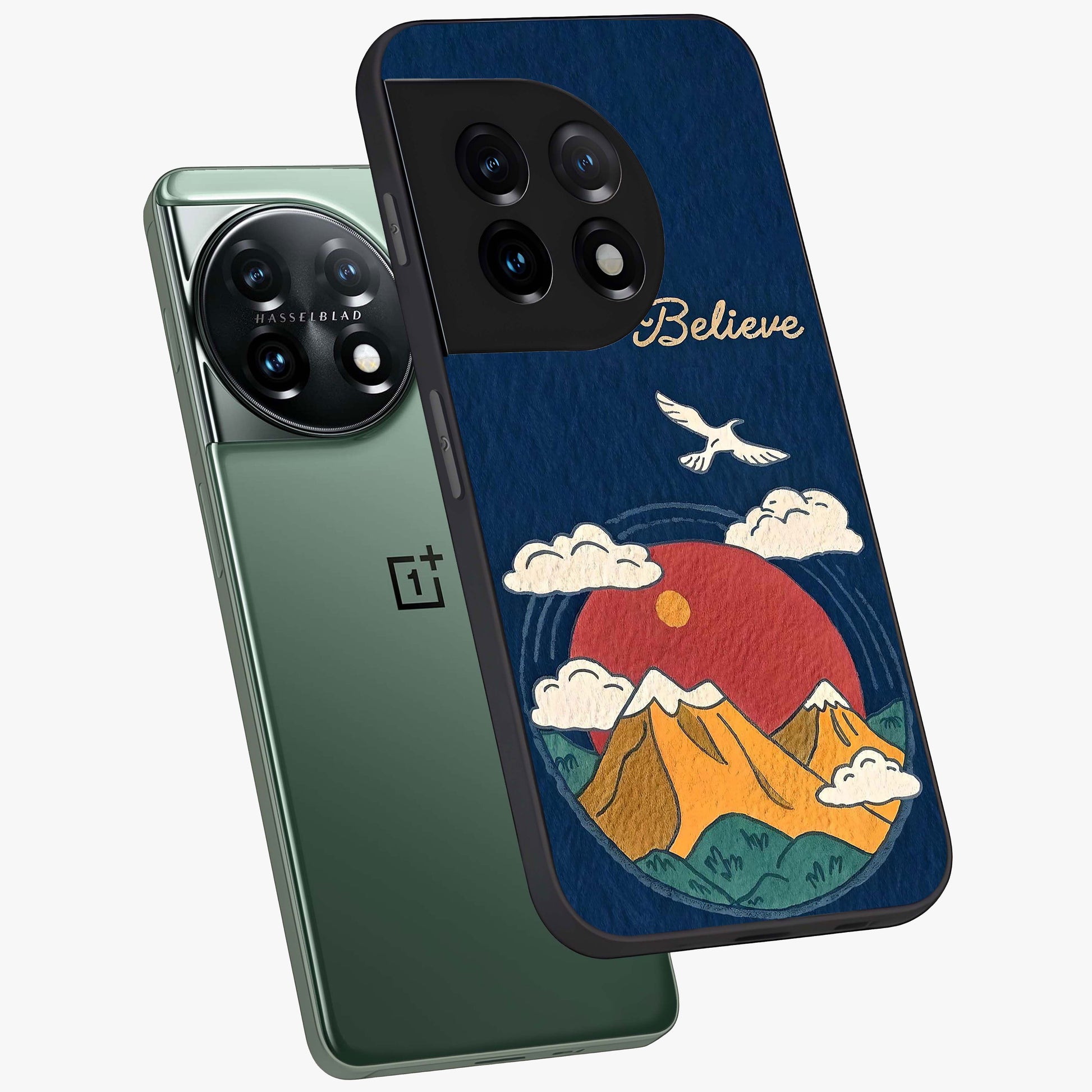 Believe Sky Escape Glass Case for 1+11 angled mockup showcasing glossy finish and serene cloud design