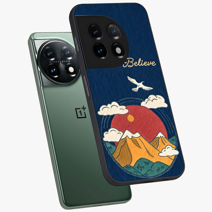 Believe Sky Escape Glass Case for 1+11 angled mockup showcasing glossy finish and serene cloud design