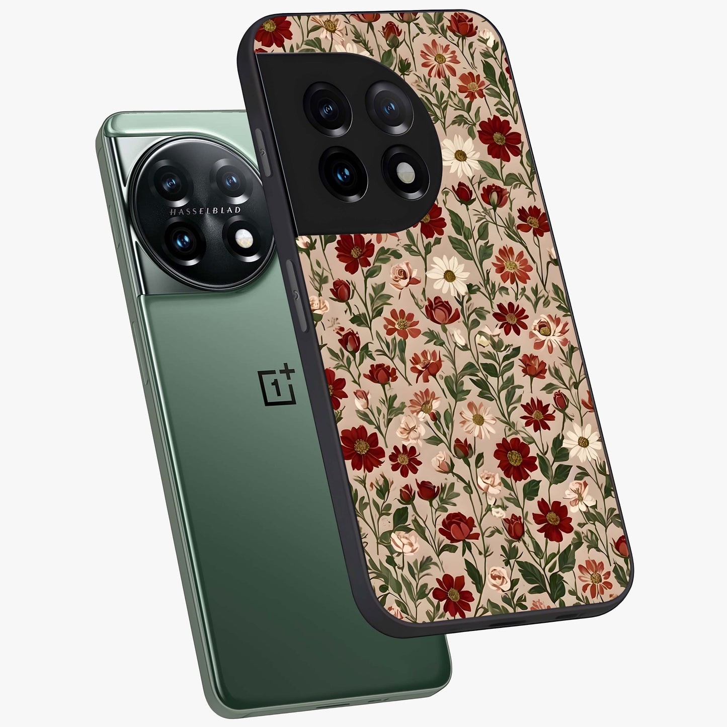 Biege Flower With Leaf Glass Case for 1+11 angled mockup showcasing glossy finish and minimal botanical design