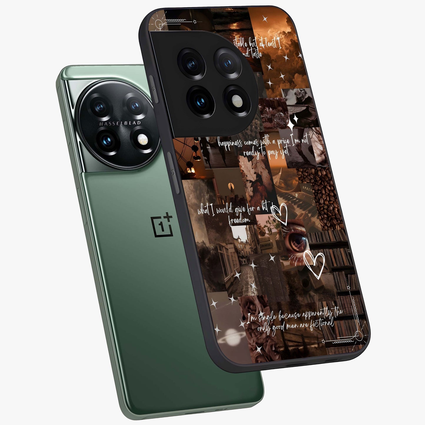 Bittersweet Aesthetic Chaos Glass Case for 1+11 angled mockup showcasing glossy finish and artistic chaotic design