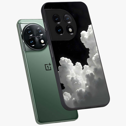 Black Background With White Cloud Glass Case for 1+11 angled mockup showcasing glossy finish and high contrast design