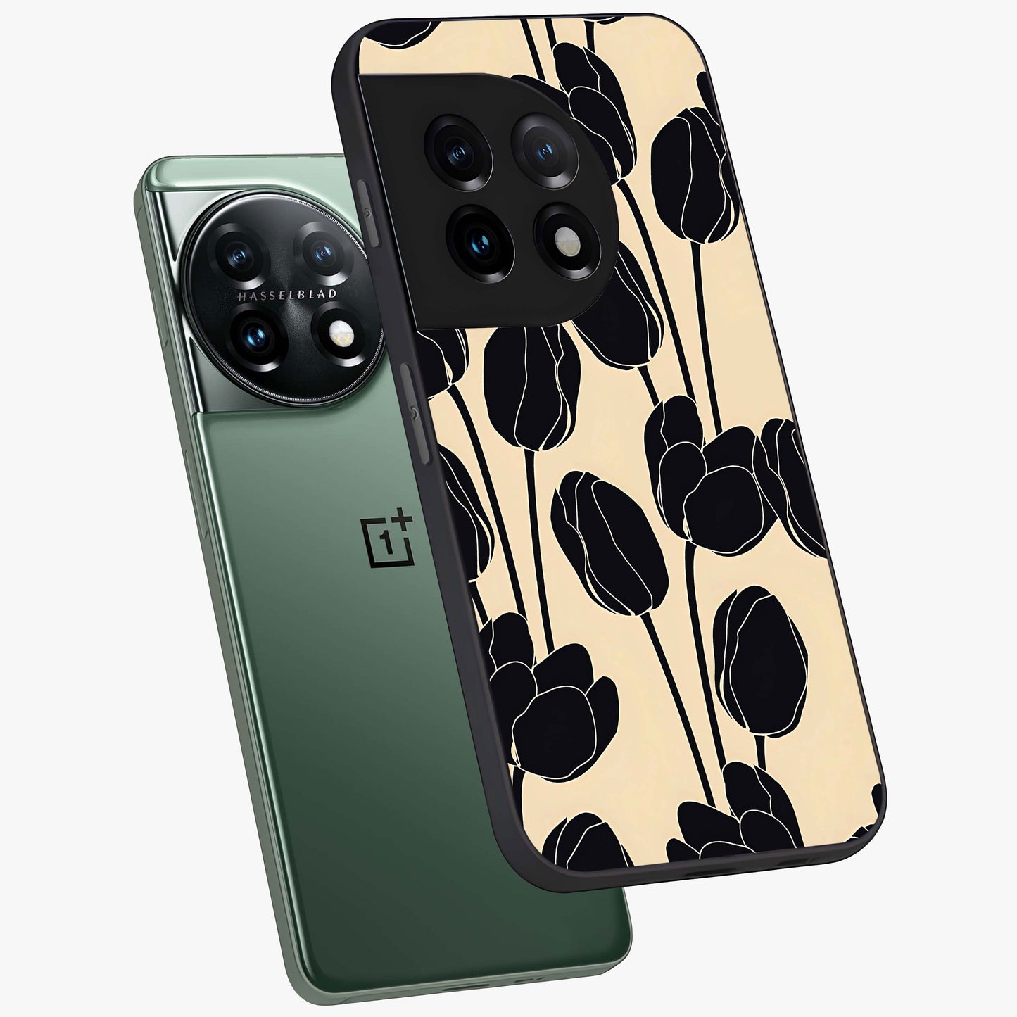 Black Designer Tulip Glass Case for 1+11 angled mockup showcasing glossy finish and premium floral detailing