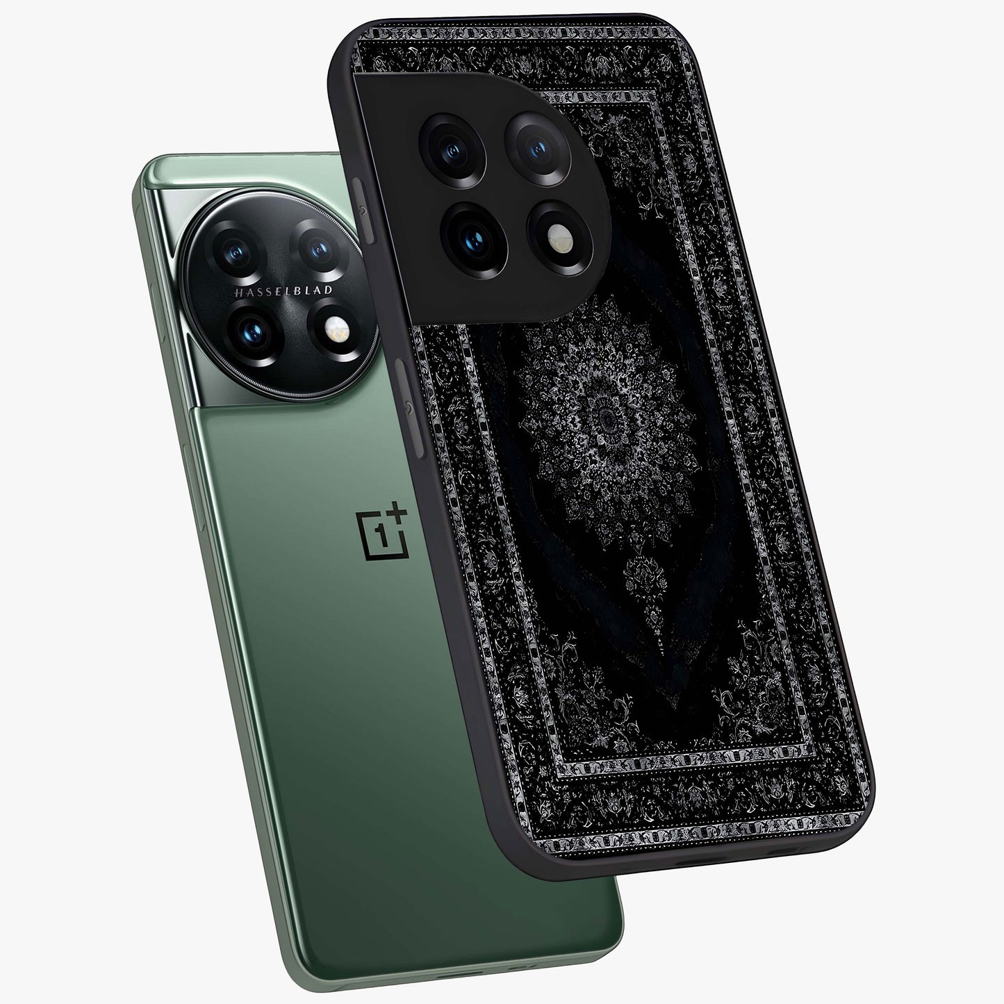 Black Persian Carpet Glass Case for 1+11 angled mockup showcasing glossy finish and detailed ornamental design