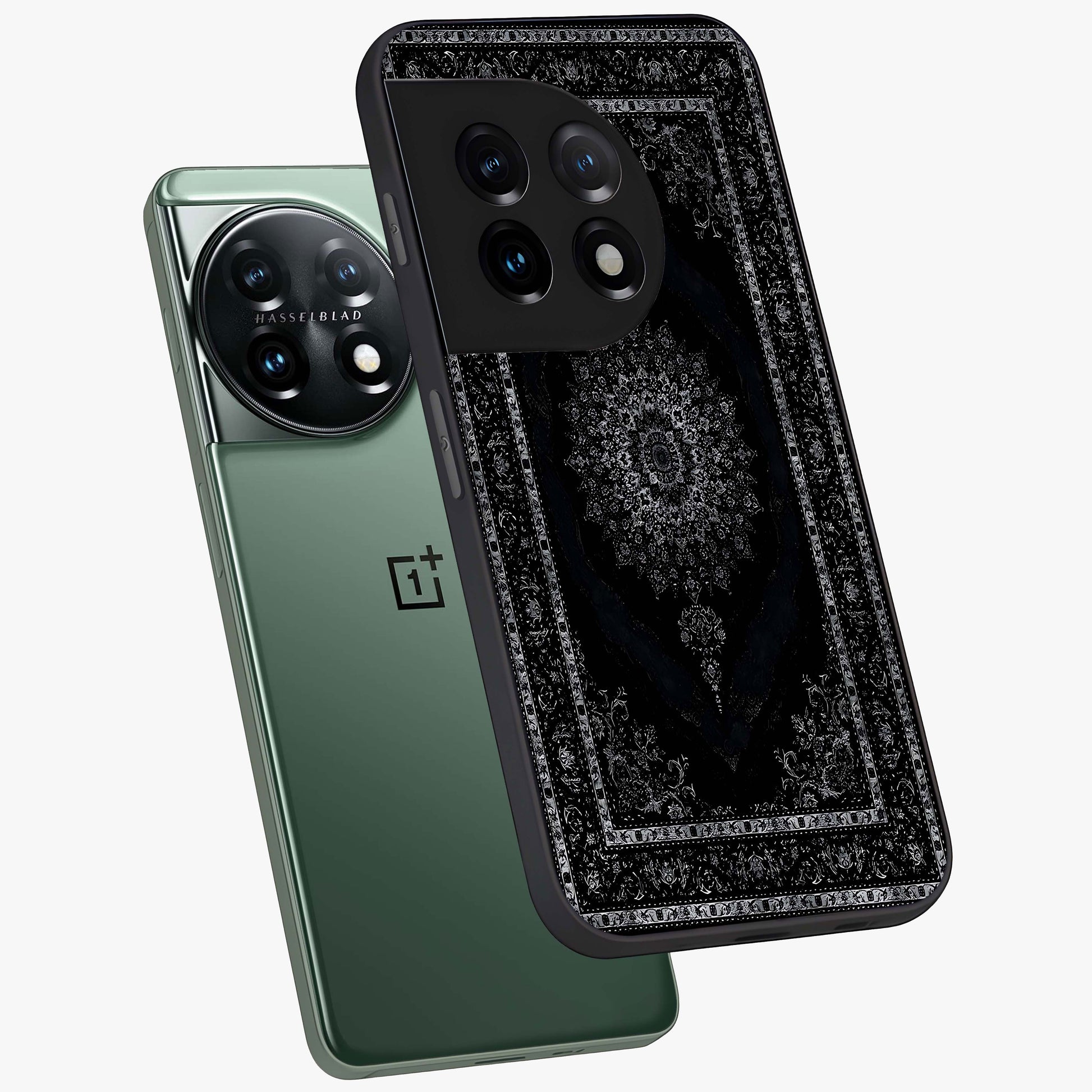 Black Persian Carpet Glass Case for 1+11 angled mockup showcasing glossy finish and detailed ornamental design