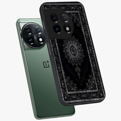 Black Persian Carpet Glass Case for 1+11 angled mockup showcasing glossy finish and detailed ornamental design