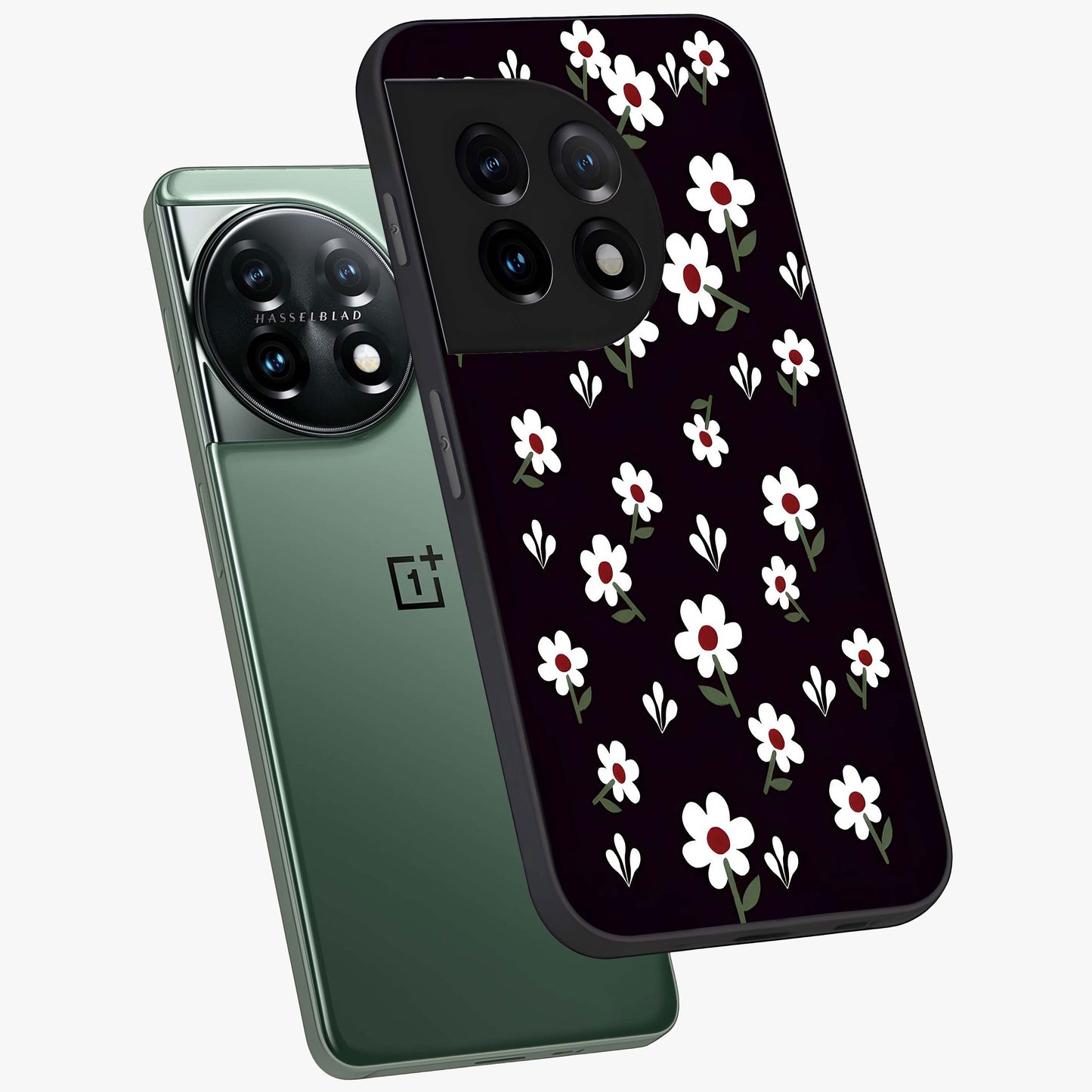Black Prints Daisy Flower Pattern Glass Case for 1+11 angled mockup showcasing glossy finish and bold floral contrast