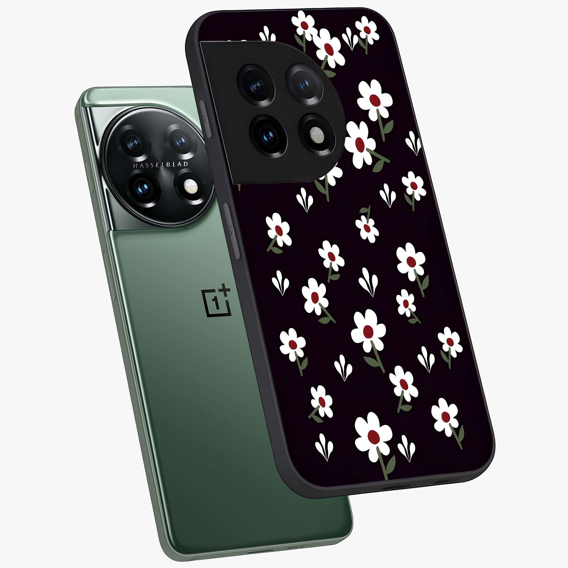 Black Prints Daisy Flower Pattern Glass Case for 1+11 angled mockup showcasing glossy finish and bold floral contrast