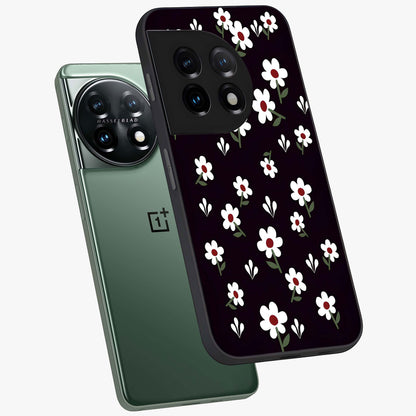 Black Prints Daisy Flower Pattern Glass Case for 1+11 angled mockup showcasing glossy finish and bold floral contrast