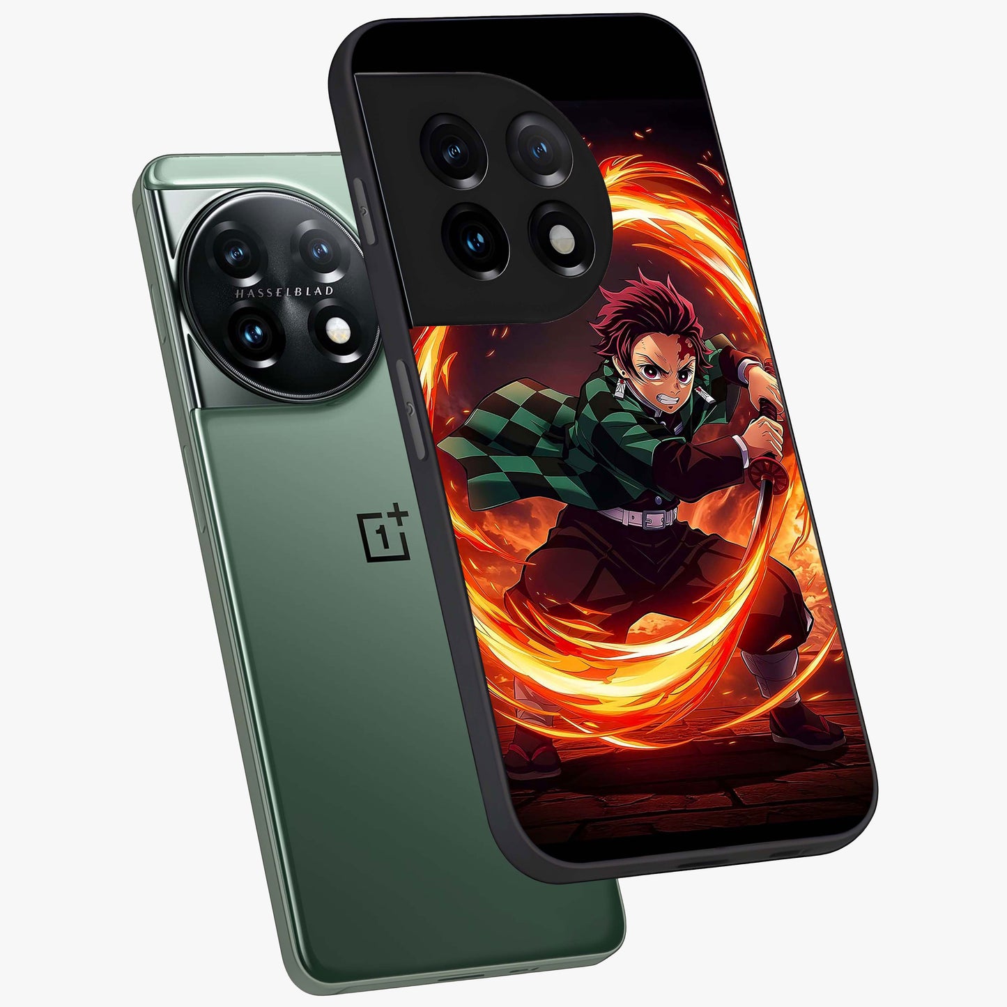 Blazing Sword Resolve Glass Case for 1+11 captured at a warm angle highlighting sharp fiery details, gloss, and edge clarity.