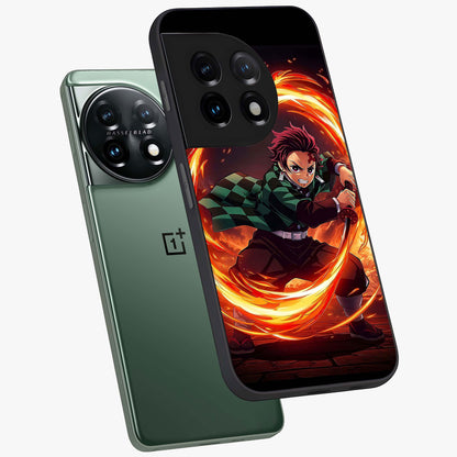 Blazing Sword Resolve Glass Case for 1+11 captured at a warm angle highlighting sharp fiery details, gloss, and edge clarity.