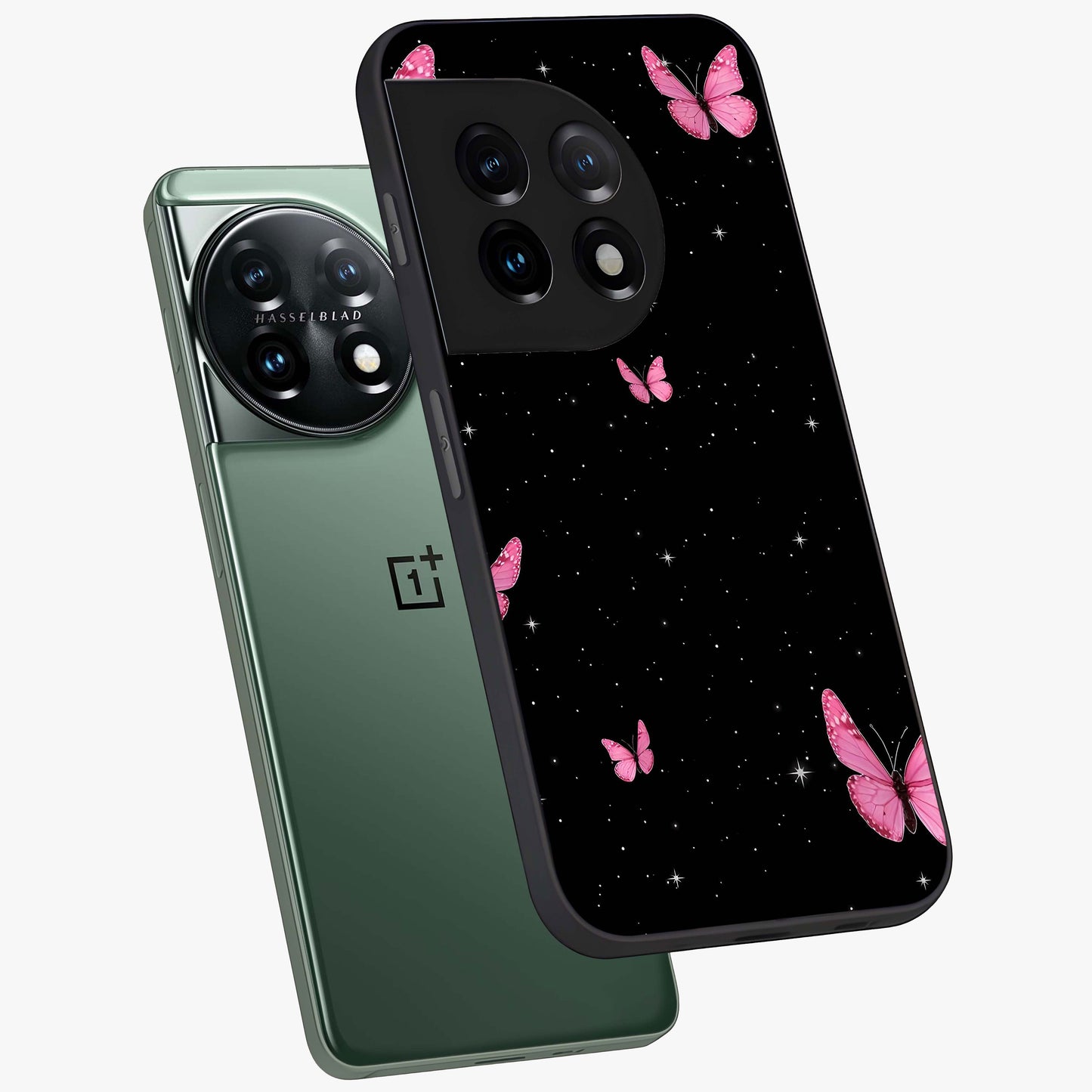 Blinking Butterfly Glass Case for 1+11 captured at a warm angle highlighting soft wing details, gloss, and edge clarity.