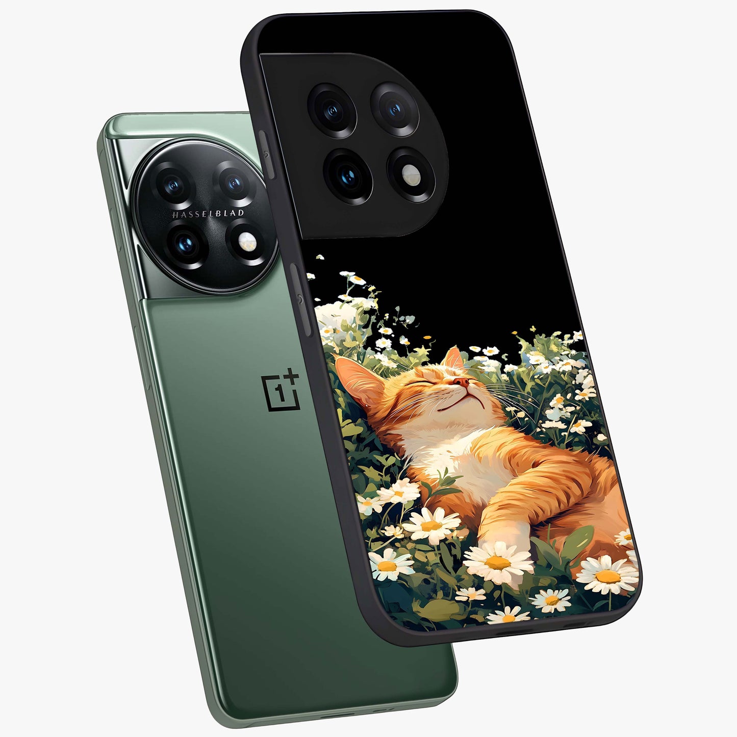 Blissful Bloom Cat Glass Case for 1+11 angled mockup showcasing glossy glass finish and vibrant bloom detailing