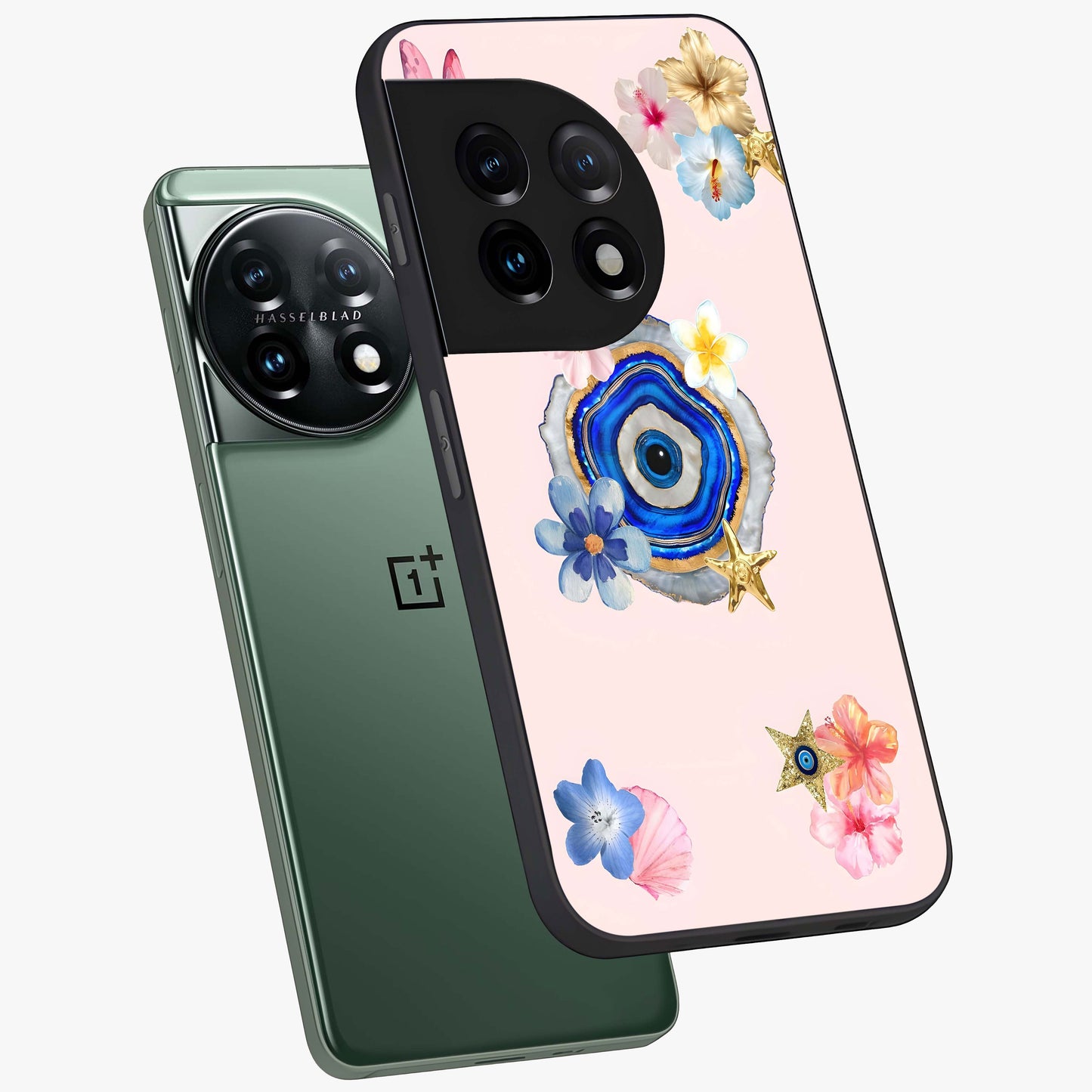 Blossom Evil Charm Glass Case for 1+11 angled mockup showcasing glossy finish and protective charm design