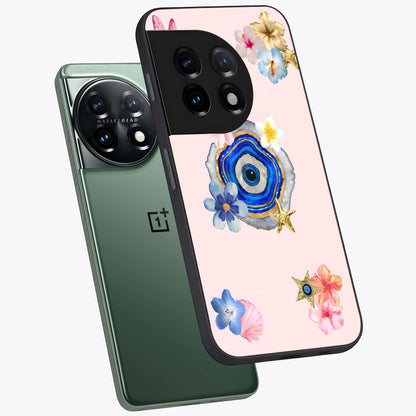 Blossom Evil Charm Glass Case for 1+11 angled mockup showcasing glossy finish and protective charm design