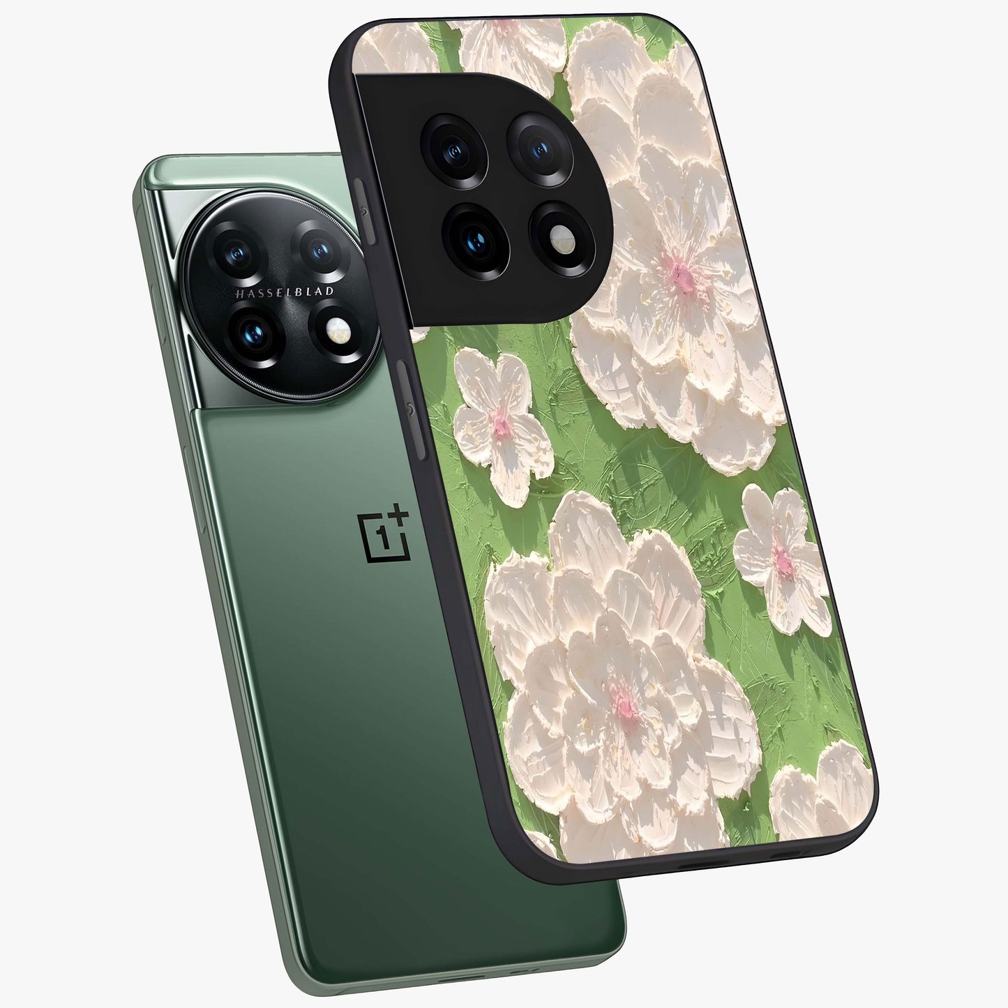 Blossom Meadow Dreams Glass Case for 1+11 angled mockup showcasing glossy finish and pastel bloom textures