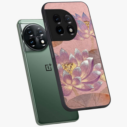 Blossom Mist Lotus Glass Case for 1+11 angled mockup showcasing glossy finish and peaceful floral detailing